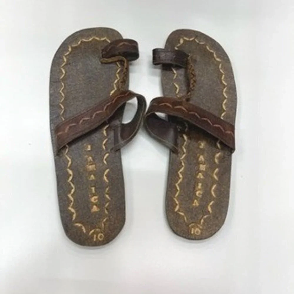 Handmade Jamaica Leather Toe Loop Sandals Mens 10 Dark‎ Brown Braided Slides